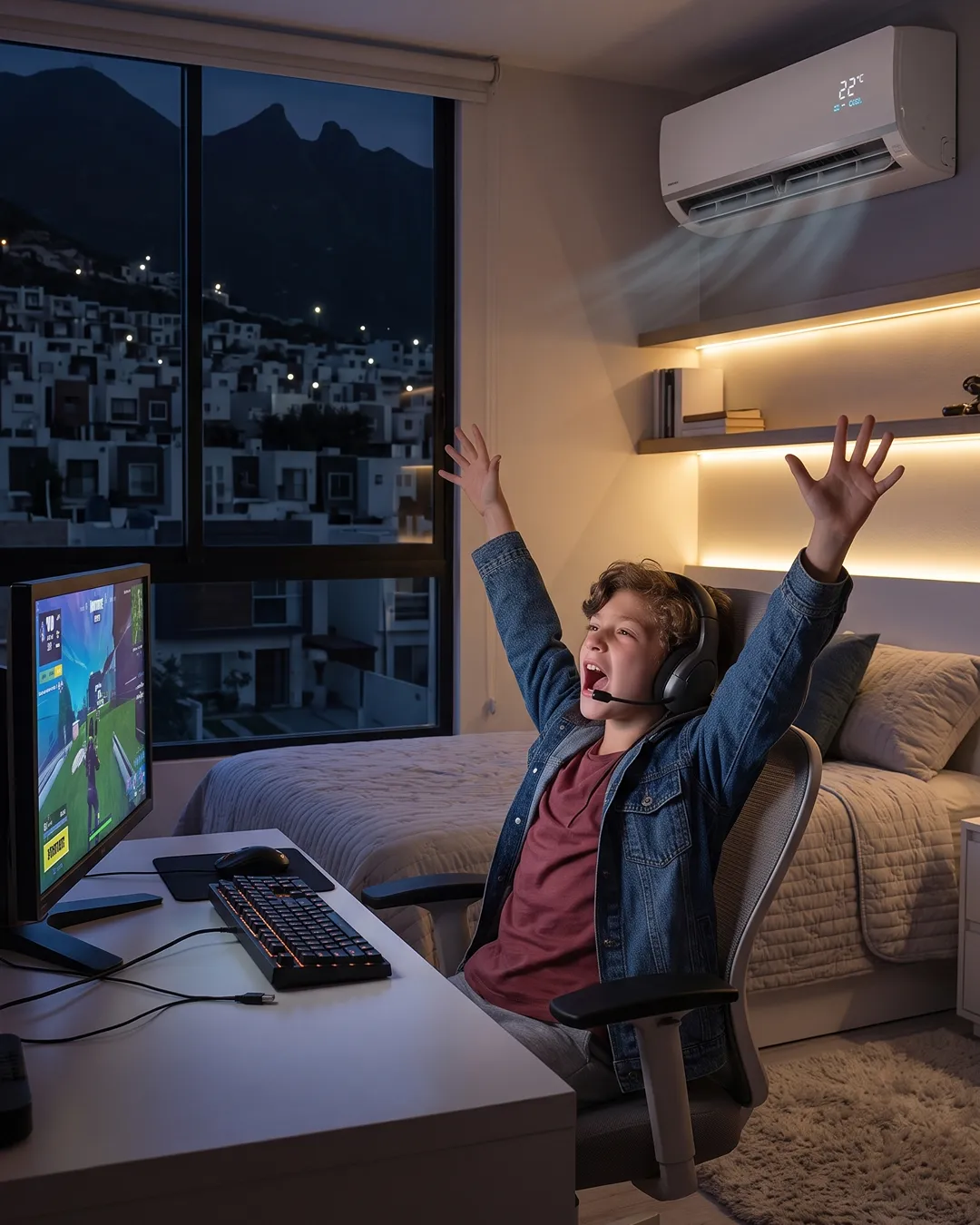 Adolescente jugando en su cuarto con el clima encendido durante la noche en Monterrey