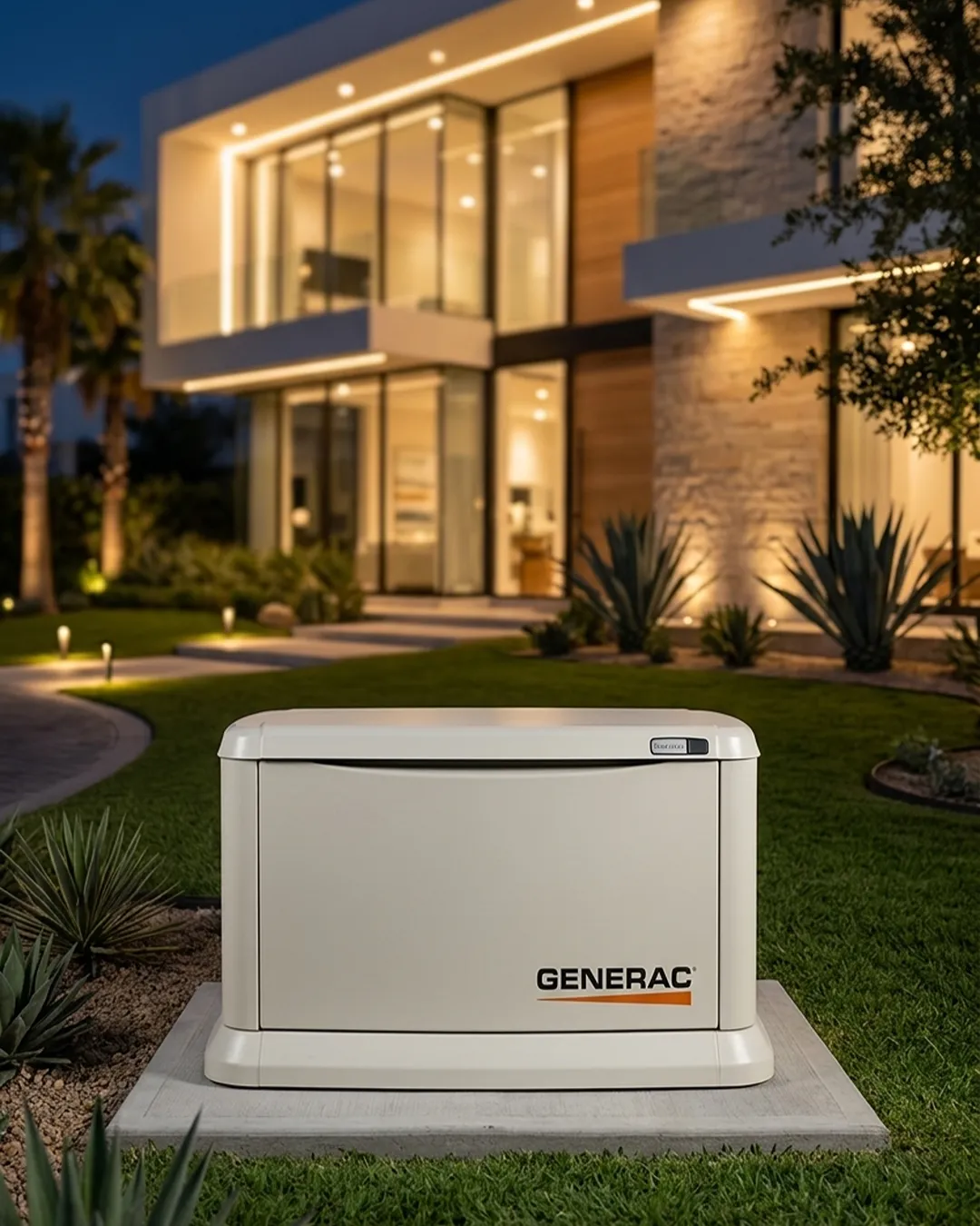 Generador Generac Guardian instalado sobre su base en el jardín de una residencia iluminada al anochecer