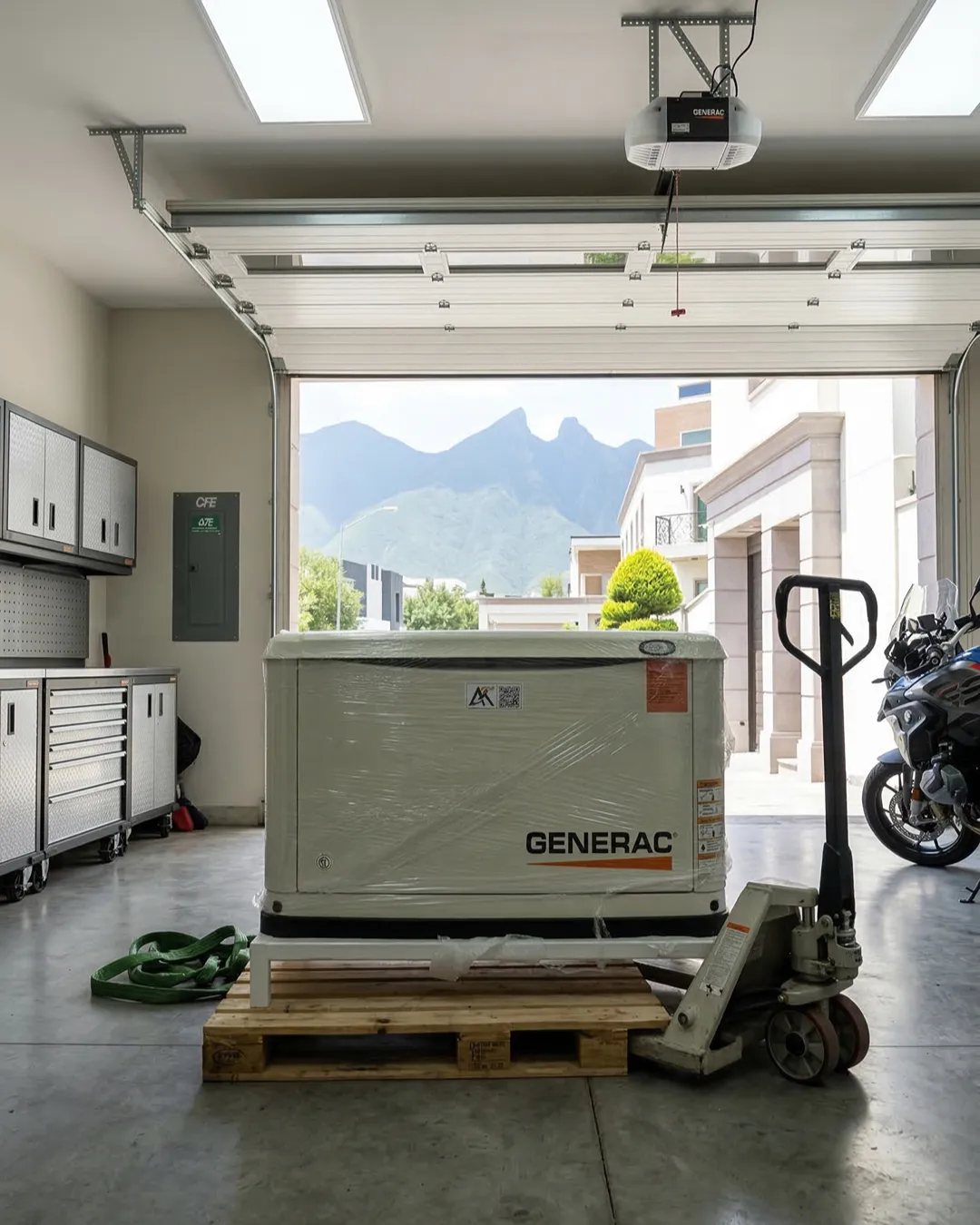 Generador Generac Guardian embalado en la cochera de una casa de Monterrey, con el Cerro de la Silla al fondo