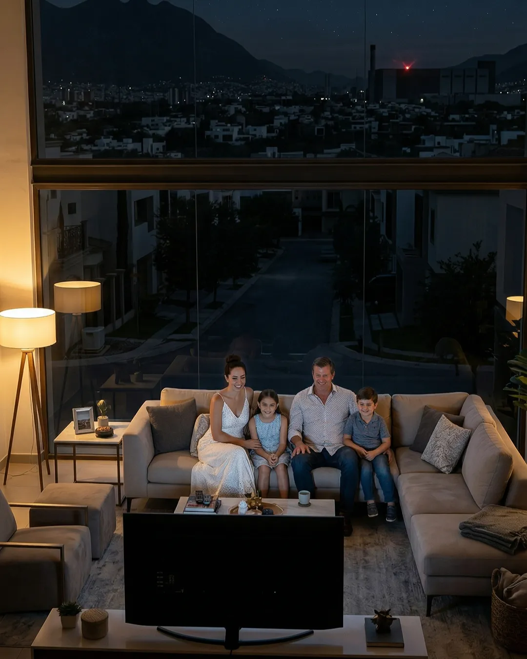 Familia en su sala con luz mientras la calle de la colonia está a oscuras en Monterrey