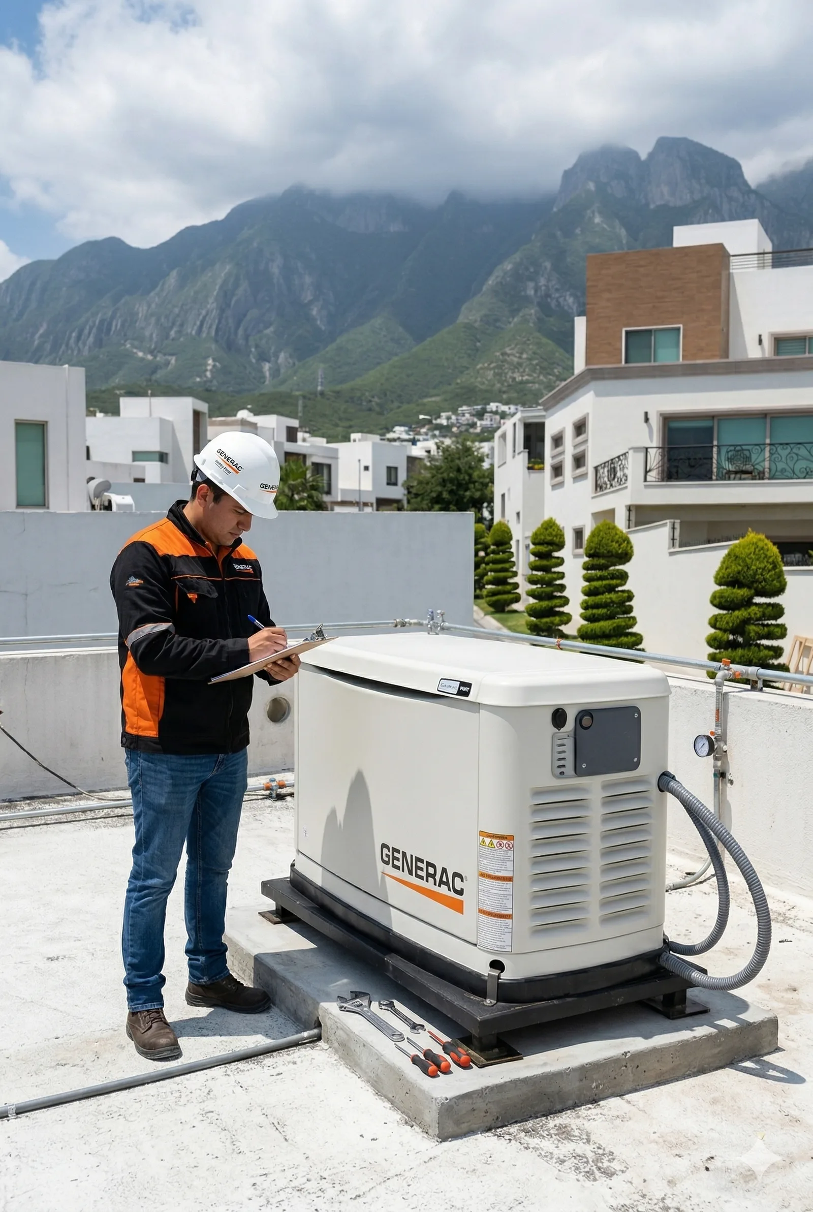 Ilustración de un técnico revisando un generador Generac Guardian en una vivienda